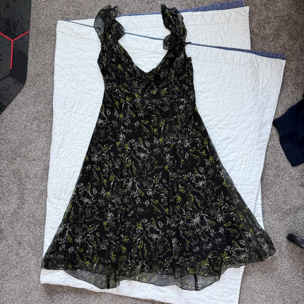 Vintage Nine West Black Green Silk Floral Chiffon Midi Dress Sz 12 - Picture 8 of 8